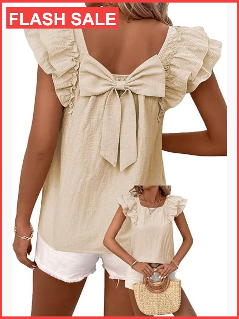 Womens Bow Tie Back Ruffle Short Sleeve Chiffon Tunic Blouse